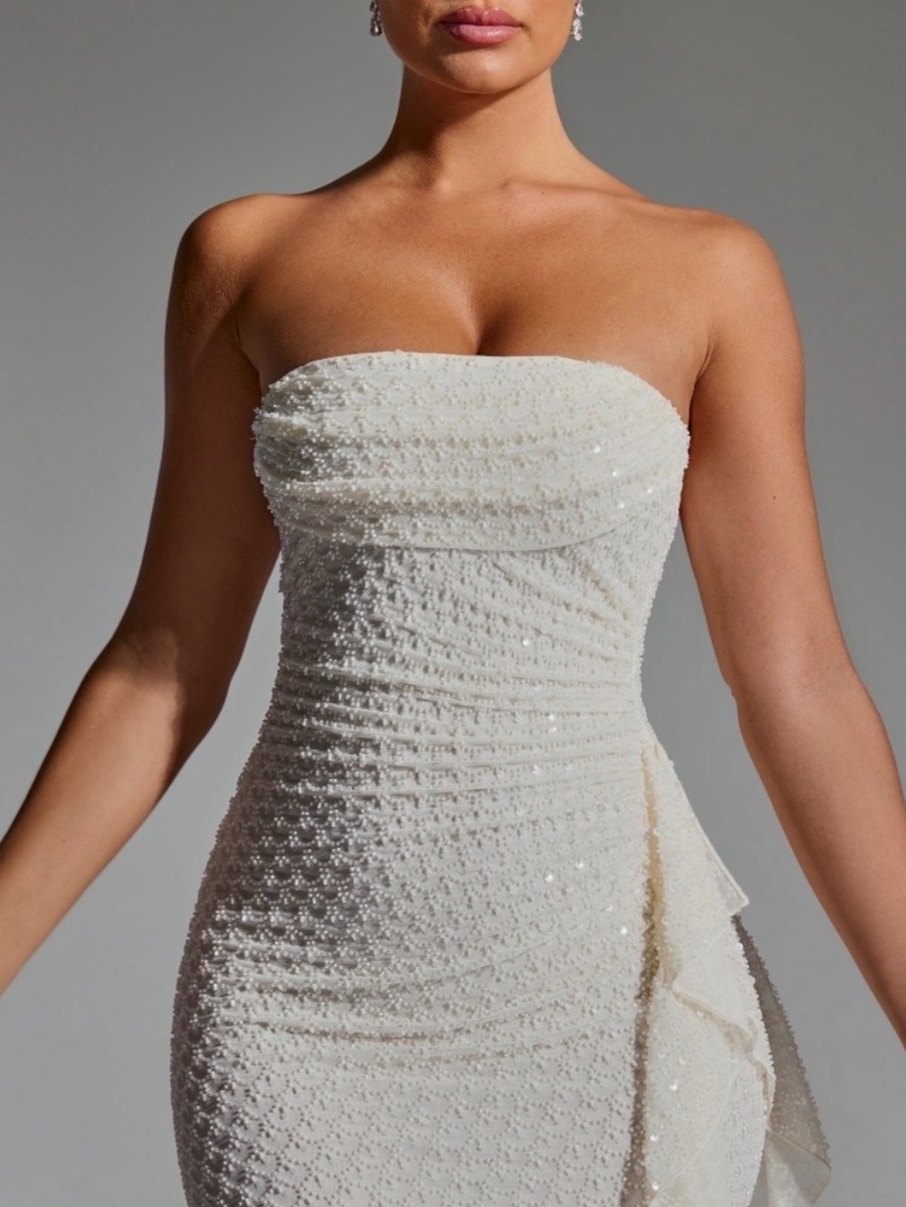 Oh Polly Ivory Strapless Beaded Mini Dress